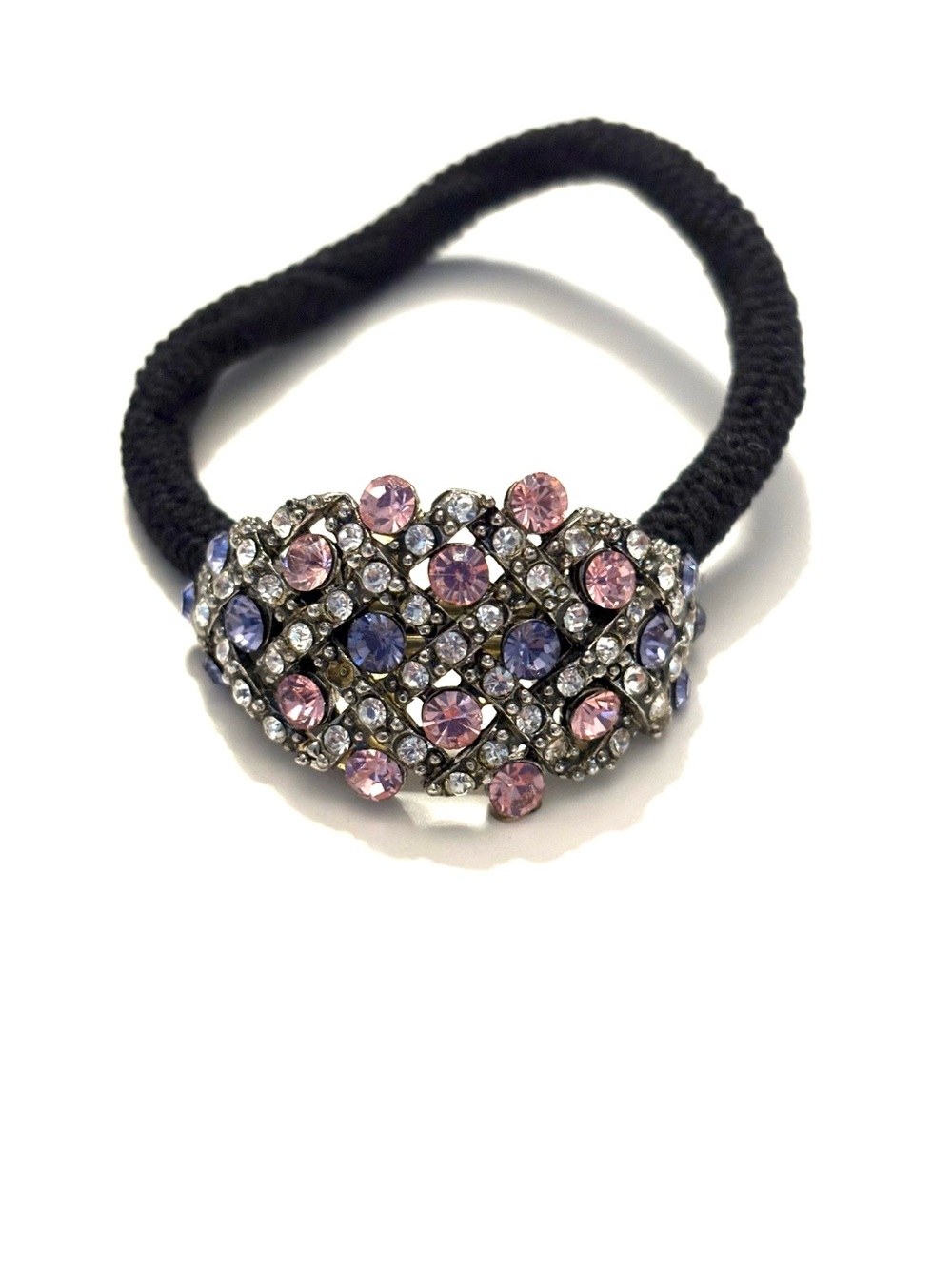 FASHION JEWELRY Ellipse Oval Rhinestone Elastic Band Hair Tie, pink and purple